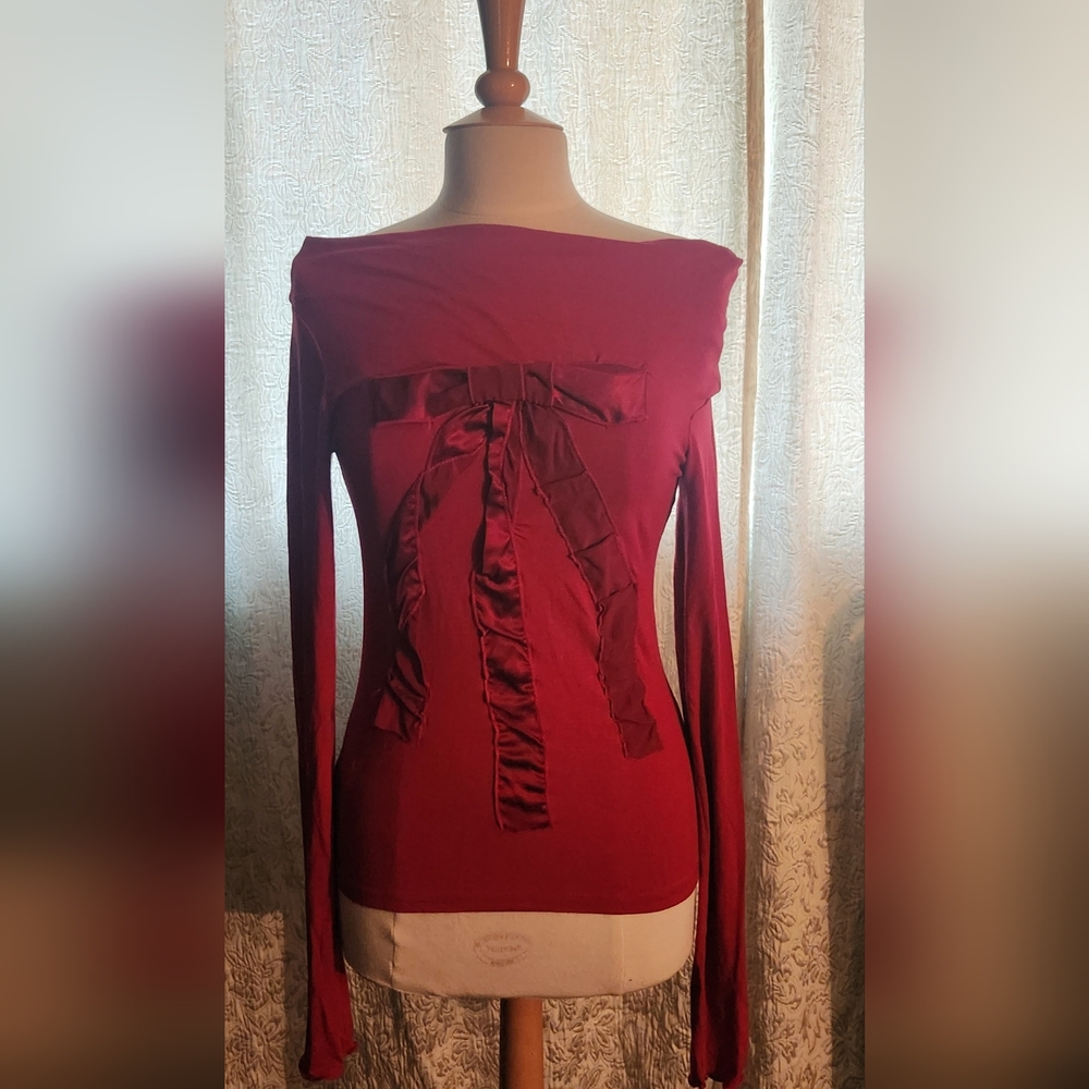 BCBGMaxAzria Red Long Sleeve Top with Bow Detail
